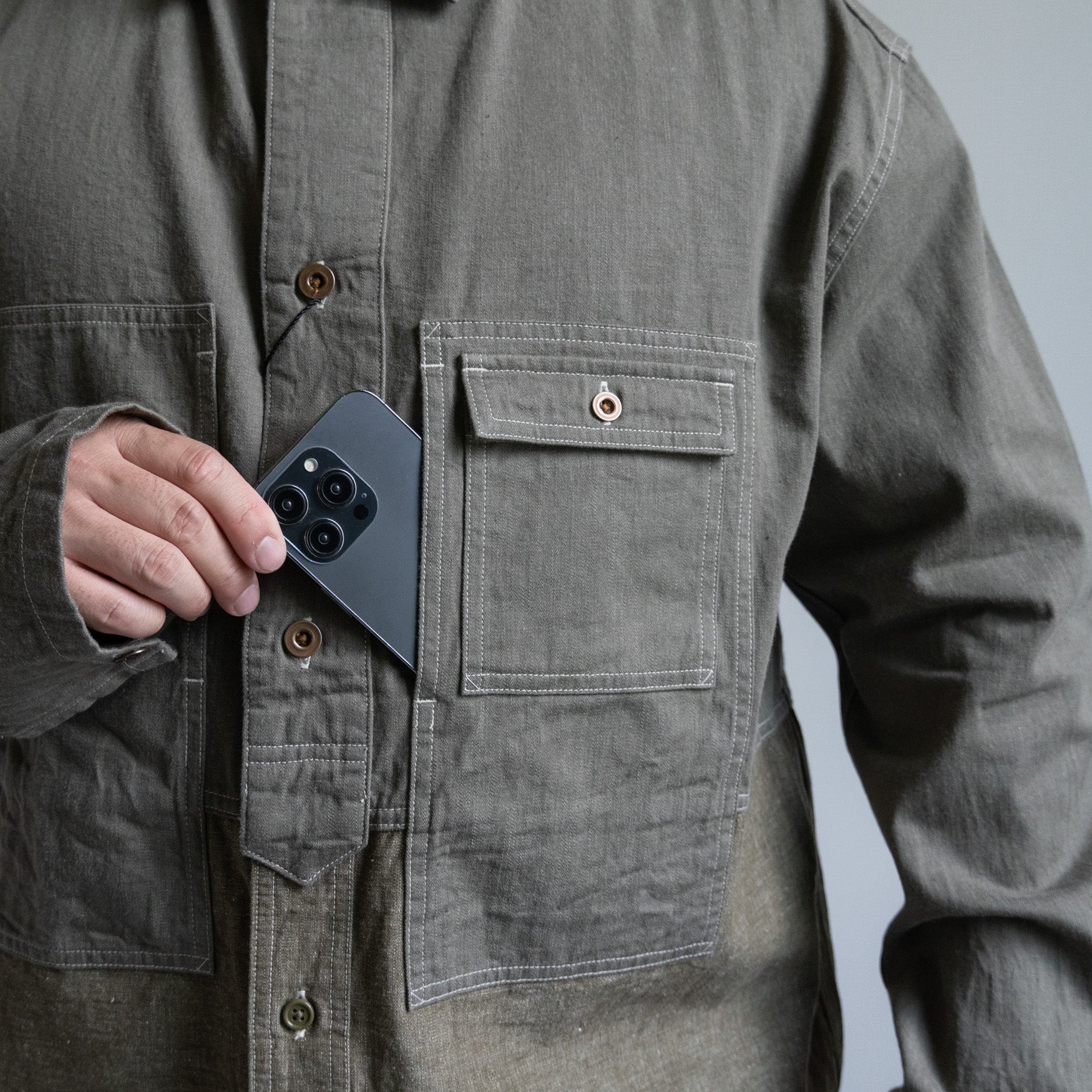 カホン　カントリーナチュラル　10 UTILITY SHIRT TYPE2 - 10oz DENIM- GREEN - – TENG STORE OSAKA