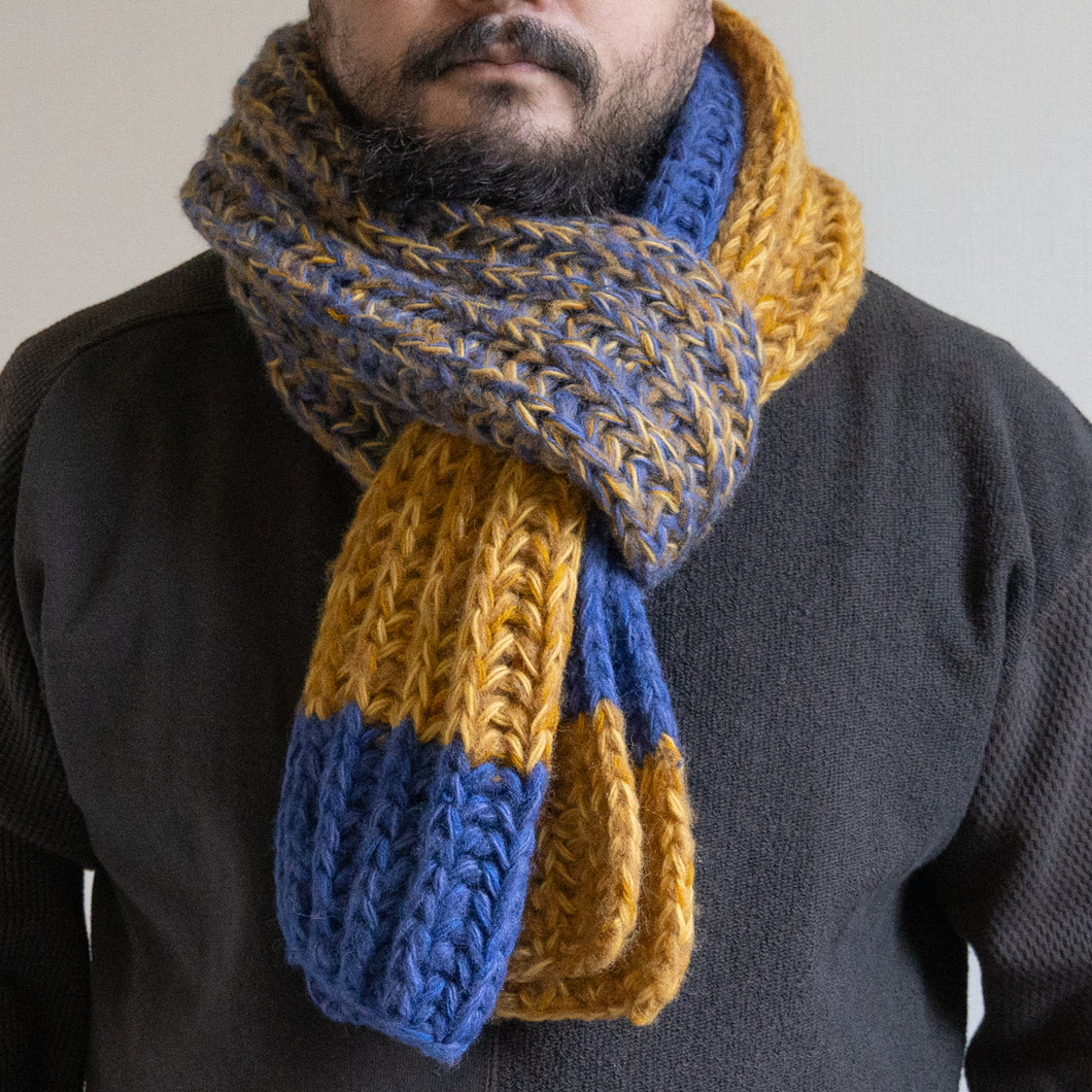 Hand Knit Long Muffler -Mustard x BLUE MIX-